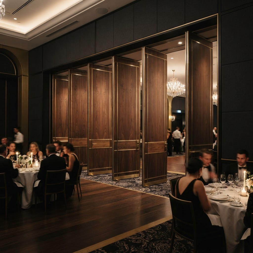 Movable partition wall system inside a luxury banquet hall