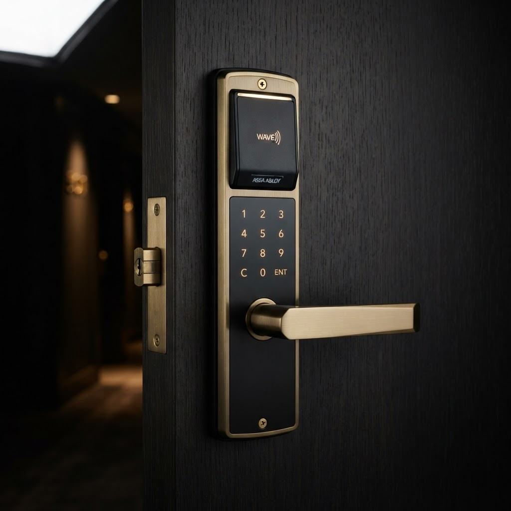Premium electronic hotel door lock with brass and matte black finish